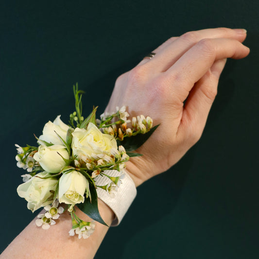 White mini rose wrist corsage